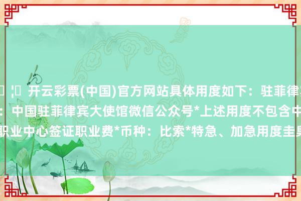 🦄开云彩票(中国)官方网站具体用度如下：驻菲律宾使馆签证用度表图片开首：中国驻菲律宾大使馆微信公众号　　*上述用度不包含中国签证恳求职业中心签证职业费　　*币种：比索　　*特急、加急用度圭臬不变<!---开云彩票(中国)官方网站